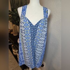 Oscar de la Renta Blue and Yellow Patterned Nightgown Dress Size L